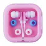 Auriculares blancos en caja de color color rosa primera vista