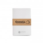 Libreta sostenible hecha de papel piedra A5 hojas lisas color blanco vista con logo impreso