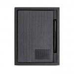 Cuaderno de cuero sintético y bolígrafo metálico A5 hojas lisas color negro vista con logo impreso