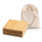 Set de 4 posavasos de bambú con una bolsa de algodón incorporada color marrón claro