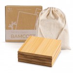 Set de 4 posavasos de bambú con una bolsa de algodón incorporada color marrón claro