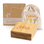 Set de 4 posavasos de bambú con una bolsa de algodón incorporada vista con logo impreso