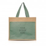 Bolsa de yute y algodón resistente hasta 11kg con bolsillo frontal vista con logo impreso