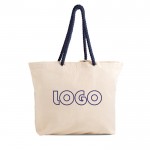 Bolsa de lona grande con asas de cordón ideal para verano 220 g/m2 color azul marino vista con logo impreso