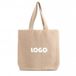 Bolsa ecológica grande ideal para la compra hecha en juco color marrón claro vista con logo impreso