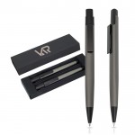 Set de bolígrafo y portaminas de aluminio con estuche tinta negra color gris oscuro vista con logo impreso