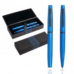 Set de bolígrafo y roller con caja de regalo a juego tinta azul color azul real vista en caja