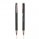 Set de bolígrafo y portaminas con detalles de metal tinta azul color oro rosa vista con logo impreso