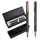 Set de bolígrafo y portaminas con detalles de metal tinta azul color oro rosa vista con logo impreso