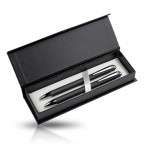 Set de bolígrafo y portaminas con detalles de metal tinta azul color plateado vista 3