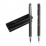 Set de bolígrafo y portaminas con detalles de metal tinta azul color plateado vista con logo impreso