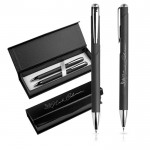 Set de bolígrafo y portaminas con detalles de metal tinta azul color plateado vista con logo impreso