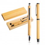 Bolígrafo y roller hechos de bambú con clip y estuche tinta azul color negro vista en caja