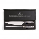 Cuchillo y afilador de acero alemán color marrón oscuro vista con caja