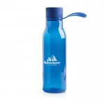Botella de tritán con tapa de metal y asa de silicona 600ml color azul real vista con logo impreso