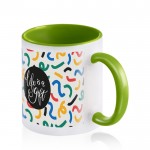 Taza de cerámica en varias opciones bicolor de 325ml color verde claro vista con logo impreso