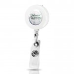 Porta credenciales extenisble con casquillo de resina con clip color blanco vista con logo impreso