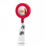 Porta credenciales extenisble con casquillo de resina con clip color rojo vista con logo impreso