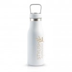 Botella termo con compartimento en la tapa y asa transporte 510ml color blanco vista con logo impreso