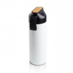 Botella termo de acero inoxidable con asa y detalle de bambú 600ml color blanco