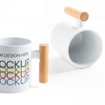 Taza de cerámica ideal para sublimación con mango de madera 325ml vista con logo impreso