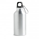 Botella de aluminio reciclado con tapón de color y mosquetón 400ml color negro vista con logo impreso