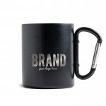 Taza de doble pared de acero inoxidable reciclado con mosquetón 300ml color negro vista con logo impreso