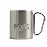 Taza de doble pared de acero inoxidable reciclado con mosquetón 300ml color plateado vista con logo impreso