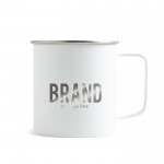 Taza de acero inoxidable reciclado con diseño moderno y asa 400ml color blanco vista con logo impreso