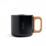 Taza de acero inoxidable de doble pared y asa de madera 350ml color negro vista con logo impreso
