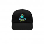 Gorra de poliéster infantil de 5 paneles ideal para fiestas 125 g/m2 color negro vista con logo impreso