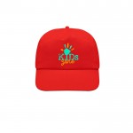 Gorra de poliéster infantil de 5 paneles ideal para fiestas 125 g/m2 color rojo vista con logo impreso