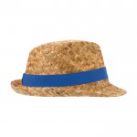 Sombrero de paja transpirable natural con cinta personalizable color azul real segunda vista lateral