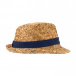 Sombrero de paja transpirable natural con cinta personalizable color azul marino segunda vista lateral