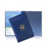 Cartera portadocumentos con 2 separadores e interior transparente color azul marino vista con logo impreso