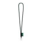 Lanyard cilíndrico de color oscuro con logotipo