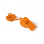 Clásico silbato con cinta a juego para colgar en el cuello color naranja vista con logo
