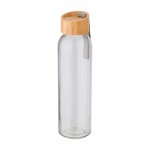 Botella con tapón de bambú y cinta color transparente primera vista