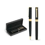 Set de roller y bolígrafo clásicos color dorado cuarta vista con logo