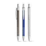 Estiloso bolígrafo con líneas decorativas color plateado mate vista productos