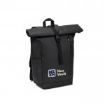 Mochila roll top de viaje en poliéster reciclado impermeable 14” color negro imagen con logo