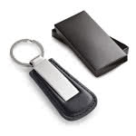 Llavero rectangular de metal y piel color negro vista productos