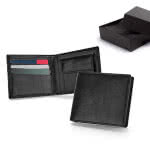 Billeteras de piel publicitarias con logo color negro vista productos