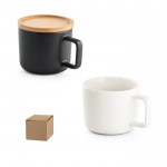 Taza de cerámica con tapa de bambú vista doble blanco y negro