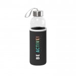 Botella de cristal con tapa de acero inoxidable y cinta 520ml color negro imagen con logo