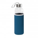 Botella de cristal con tapa de acero inoxidable y cinta 520ml color azul