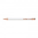 Bolígrafo metálico mate con detalles en oro rosa de tinta azul color blanco primera vista