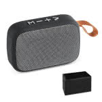 Altavoz Bluetooth minimalista con correa color gris cuarta vista con logo