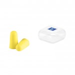 Tapones para los oídos hechos de espuma de poliuretano con caja color amarillo imagen con logo