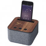 altavoz bluetooth con base de madera y logo